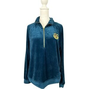 Kith Sweatshirt Womens Large Velour Quarter Zip Pullover Teal Blue Crest Logo